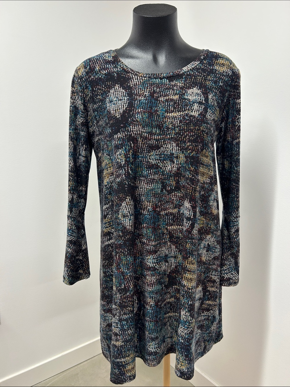 Long Sleeve Patterned Swing Dress in Multi-Color